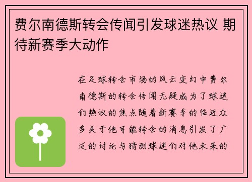 费尔南德斯转会传闻引发球迷热议 期待新赛季大动作